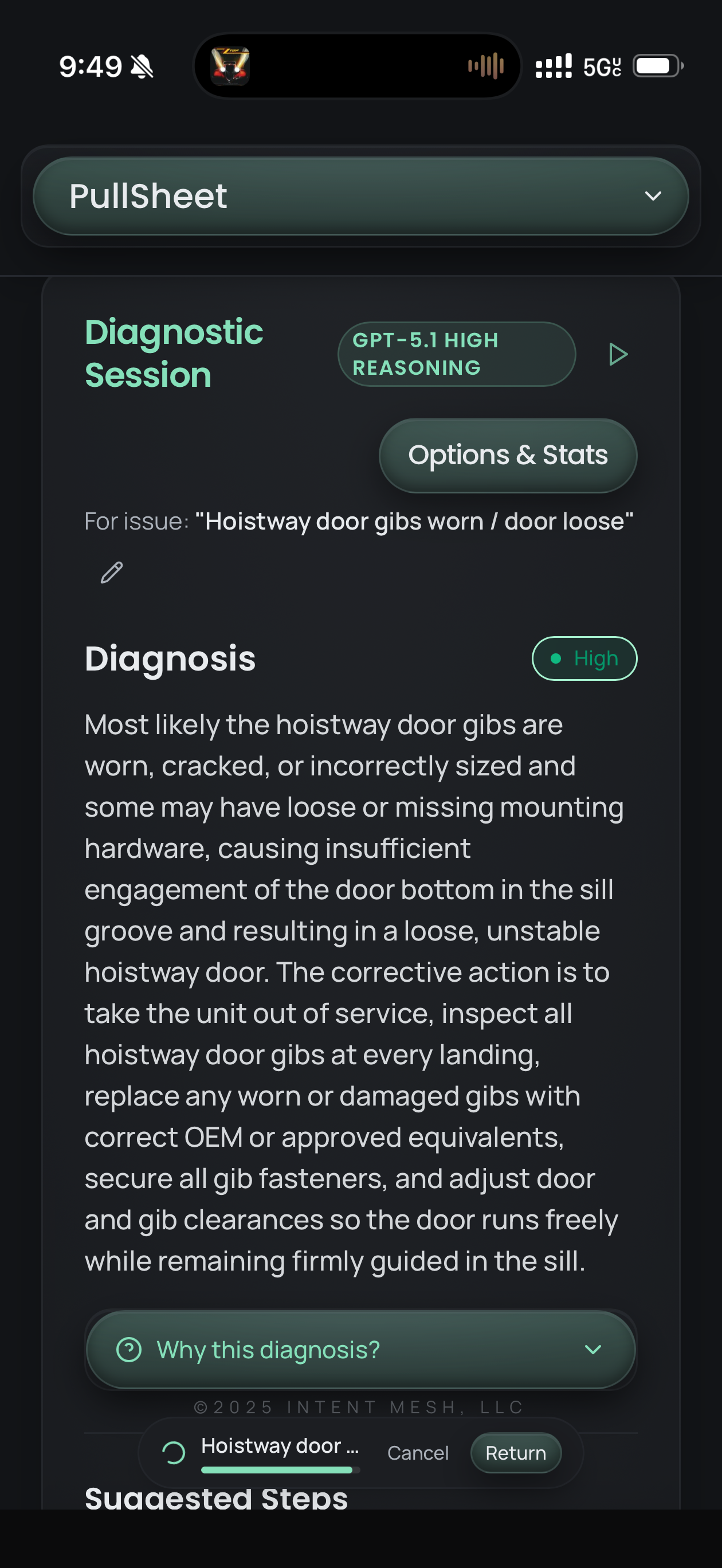 Pullsheet diagnostic logbook screen